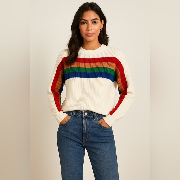 Roolee women’s small knit white retro rainbow pullover crewneck sweater colorful - Picture 1 of 10